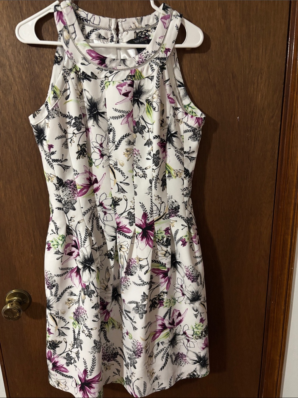White House Black Market White Floral Midi Dress with Purple & Black Accents